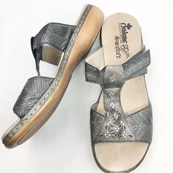 Rieker Silver Metallic Laser Cut Rhinestone MemoSoft Antistress Slide Sandals - Picture 4 of 16
